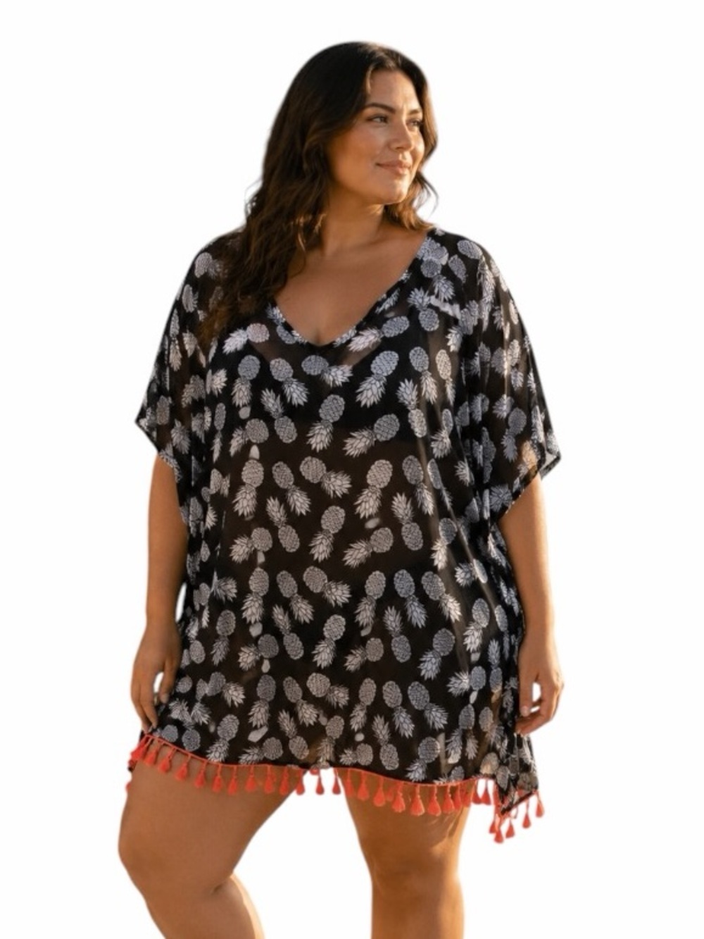 No Boundaries XL Black Sheer Pineapple Swimsuit Coverup Kimono Neon Tassels